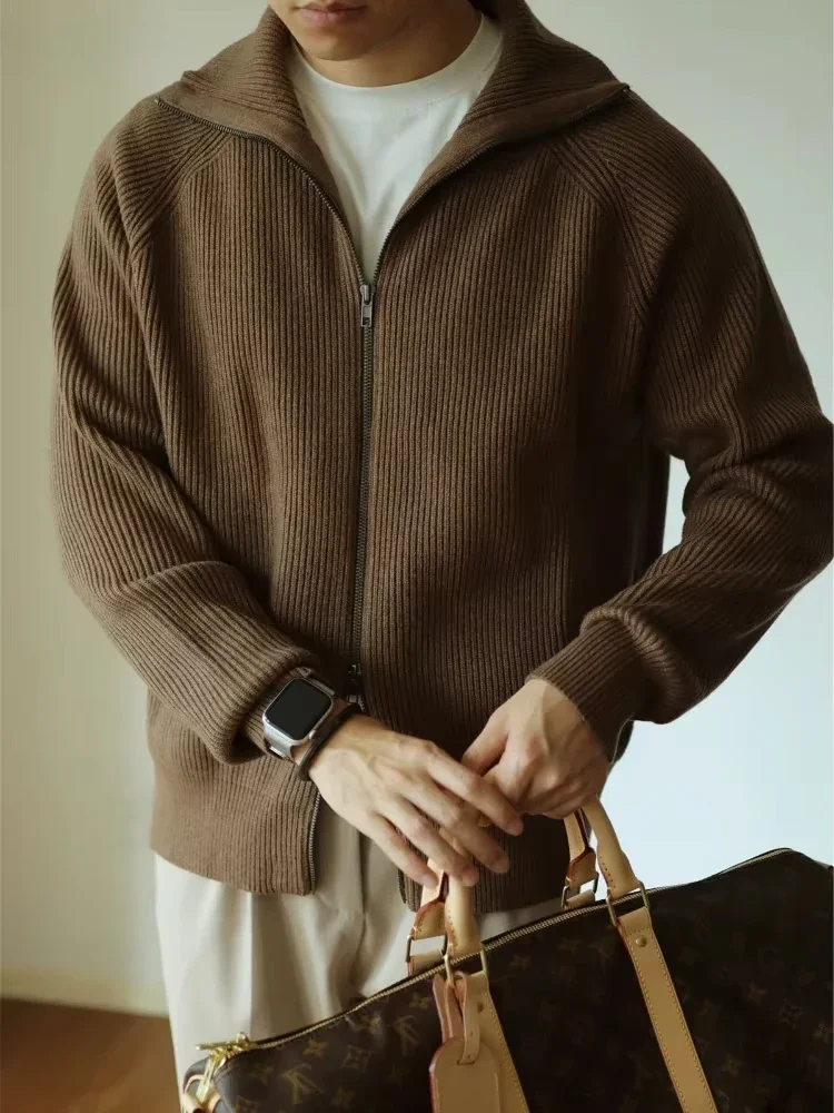 Vintage Zip-up Cardigan Men Casual Mature Knitted Outwear Soft Warm Japanese Style Harajuku Simple Handsome Autumn Winter Hombre