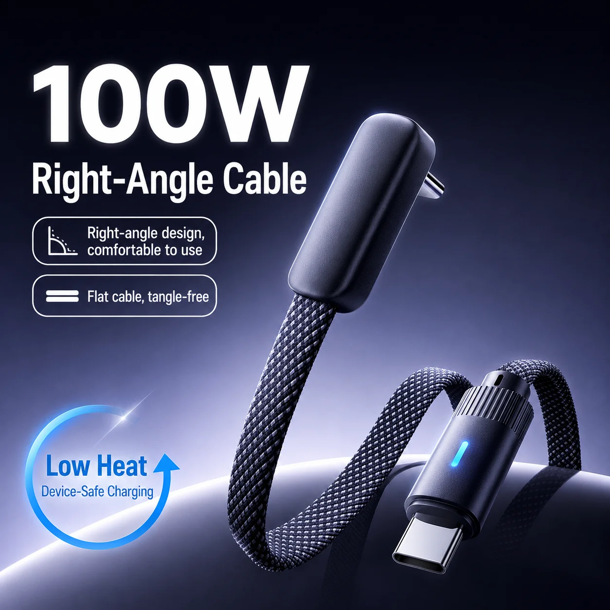 90°single-bend dual Type-C fast-charging data cable with flat design Compatible with Apple iPhone 17/16, Huawei and Andro