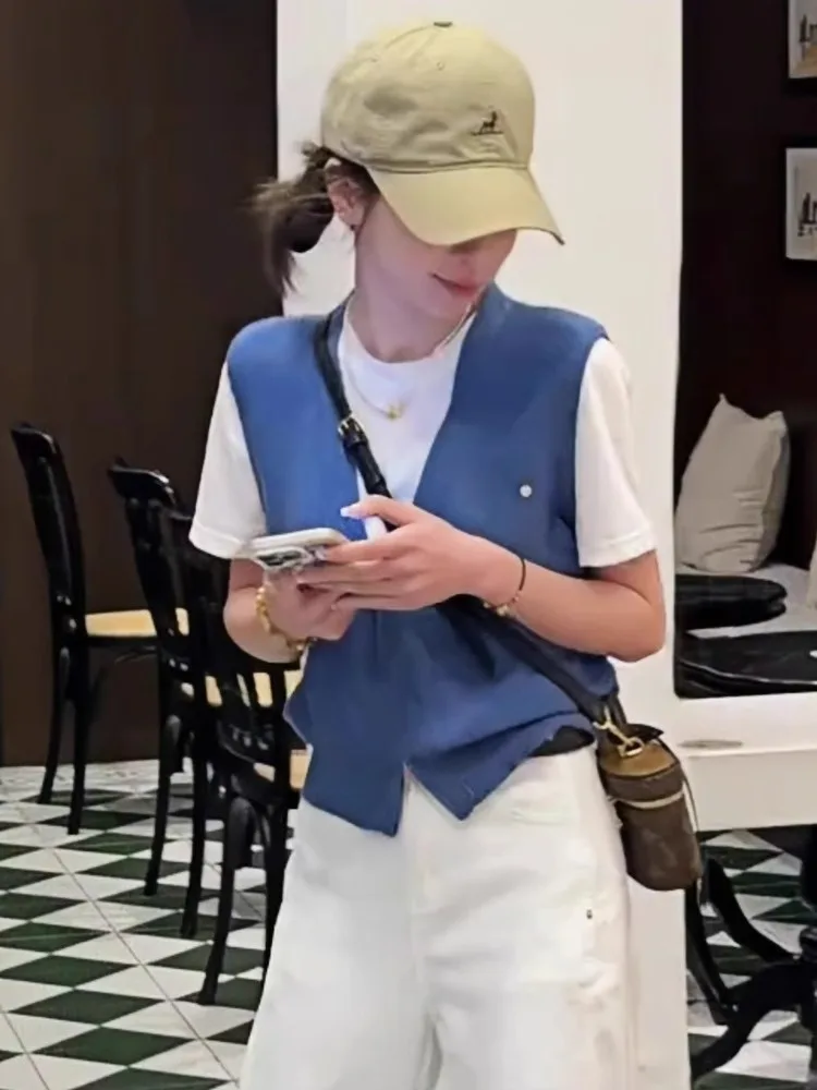 Summer 2026 Unique Design round Neck Short Sleeve T-Shirt Knitted Patchwork Vest Fake Two-Piece Top Women's Fashion Korean Style