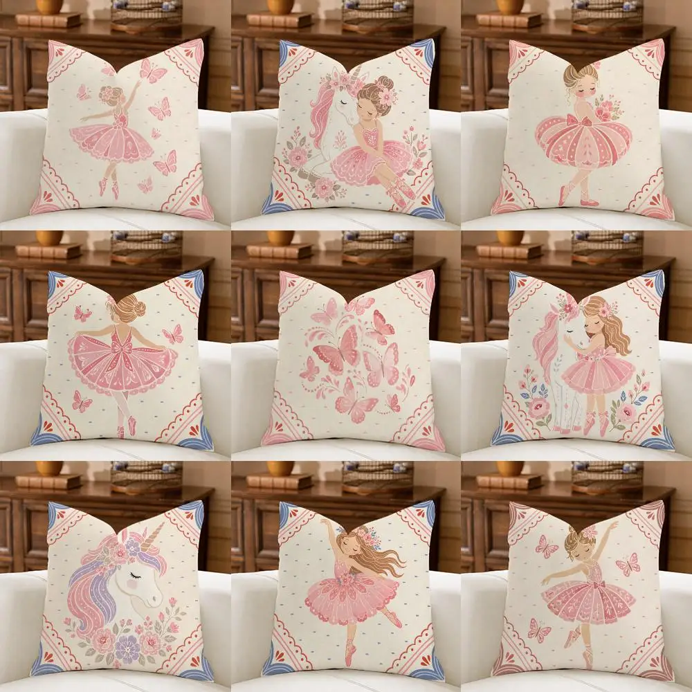 Pink Ballerina Girl Unicorn Butterfly Cushion Cover Natural Breathable Durable Linen Printed Decor Pillow Case Sofa Bedroom