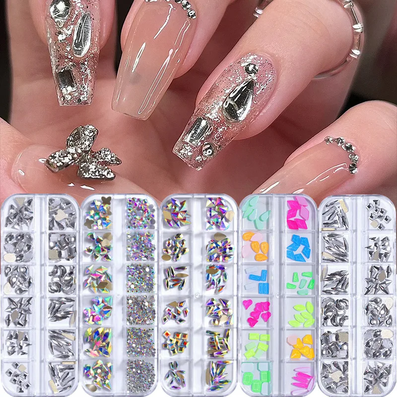 Ab Kristall Strass steine in 12-Gitter-Box-DIY Nail Art Dekorationen, Flatback Edelsteine für Kunst handwerk und DIY Nail Art