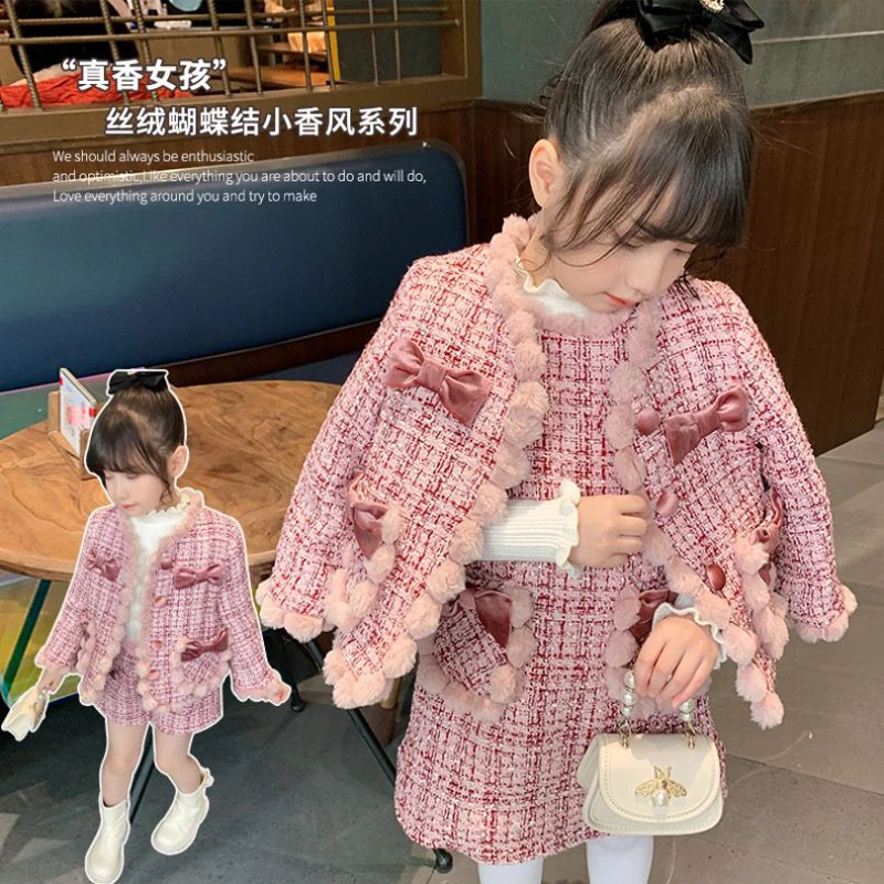 Kids Girls Princess 2pcs Clothes Set Autumn Winter Children Bow Plaid Blazer Coat Outwear+Short Skirts Vintage Elegant Suit