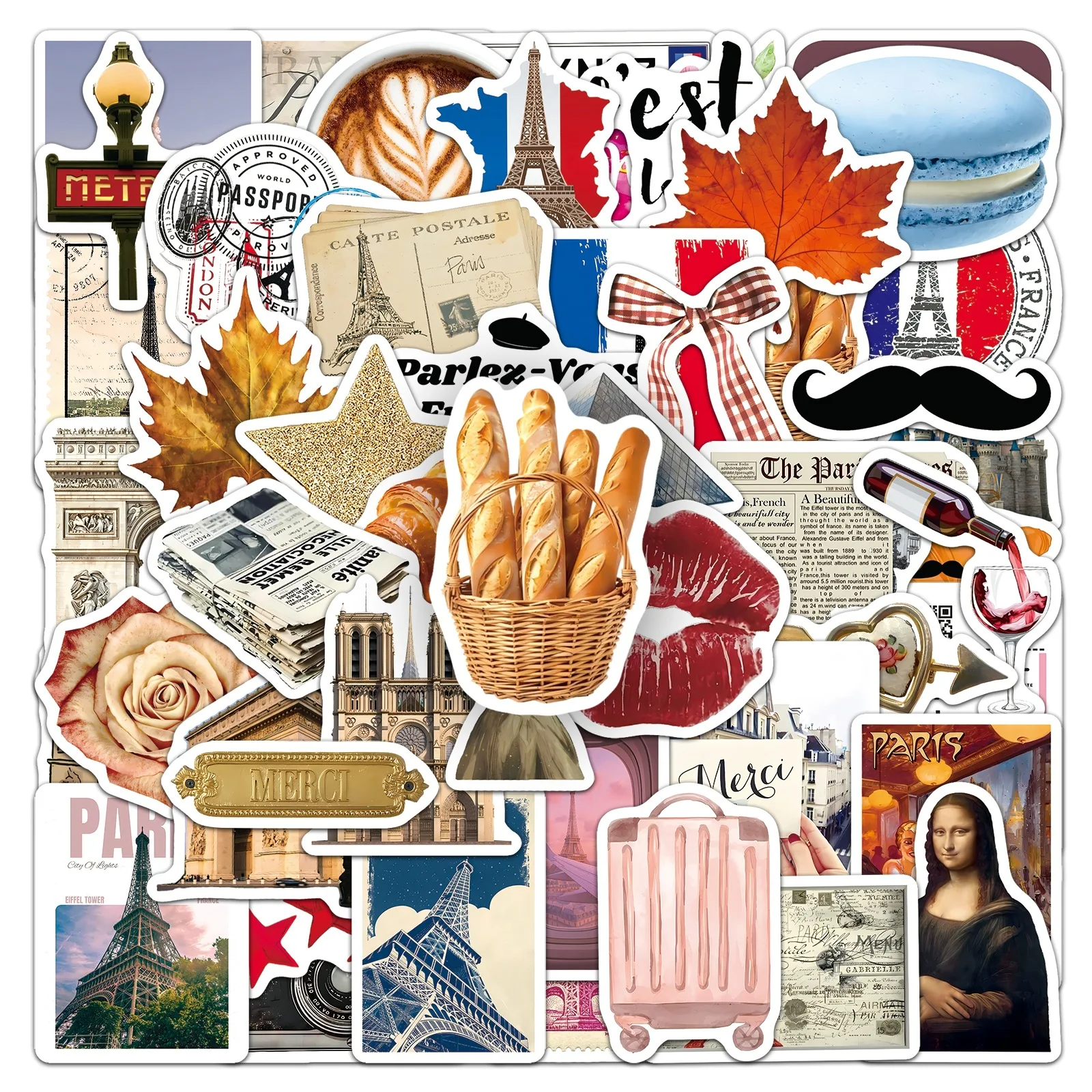 50 autocollants de journal de voyage France, monuments de Paris, en vinyle imperméable, pour tasse isotherme, ordinateur portable, bagages, bouteille d'eau, cadeau