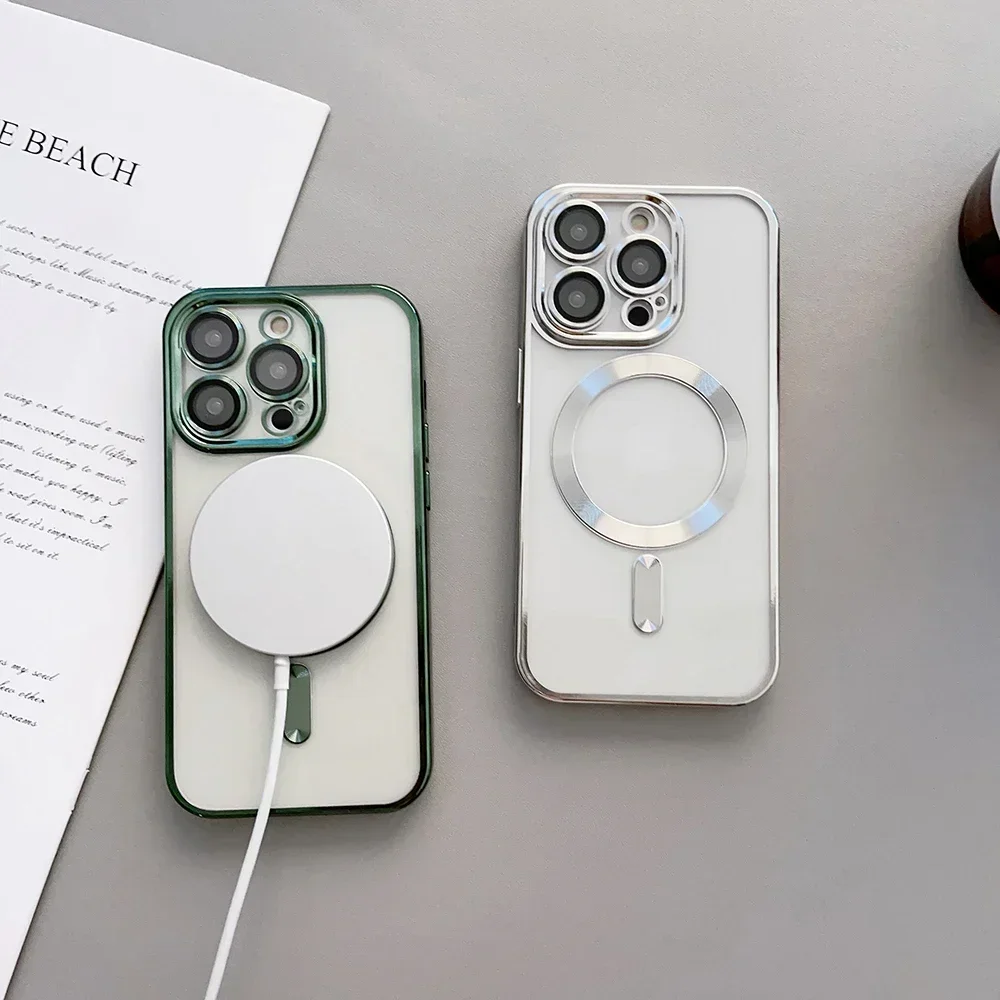 

For iPhone 16 15 14 Plus 13 12 11 Pro Max X XS XR Magsafe Magnetic Wireless Charging Phone Case Plating Edge Soft TPU Cover T18