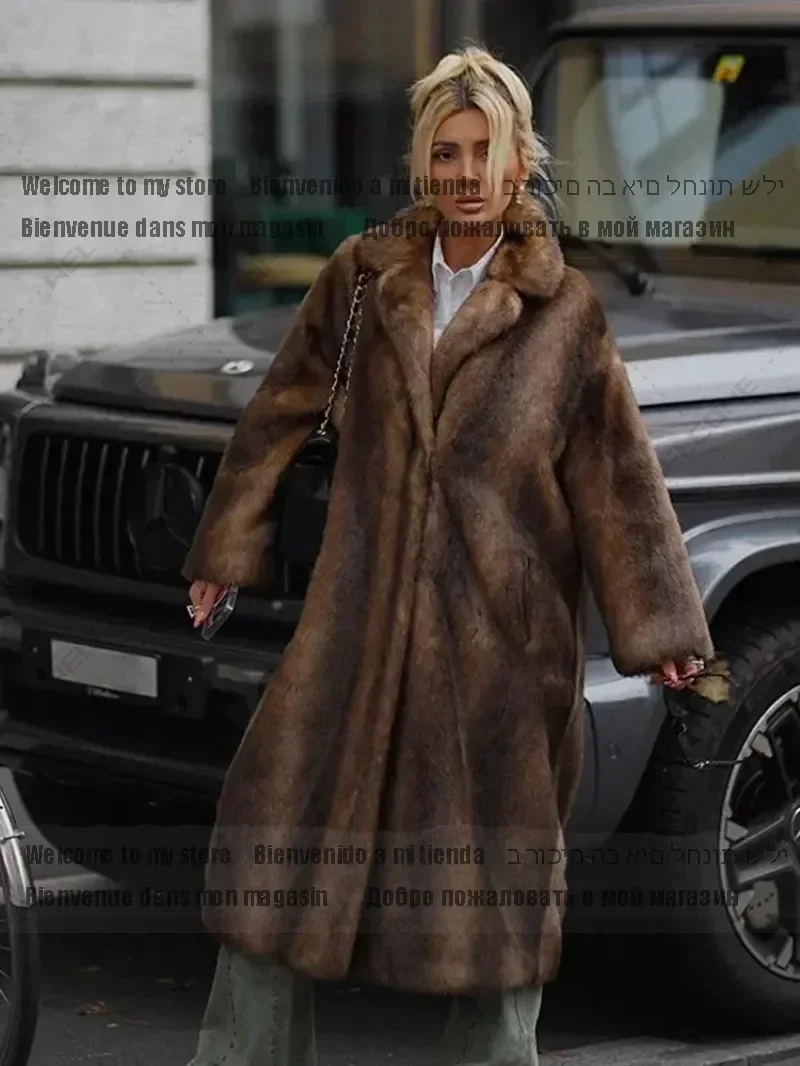 Coat Fluffy Plush Warm New Thicken Outerwear Dark Brown Faux Fur Long Overcoat Single Breasted Fleece Long Trench