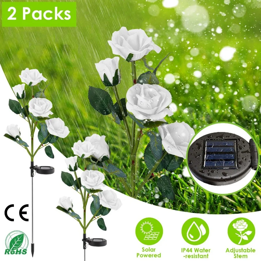 

2Pcs Solar Powered Lights Outdoor Rose Flower LED Drative Lamp Water Resistant Pathway Stake Lights