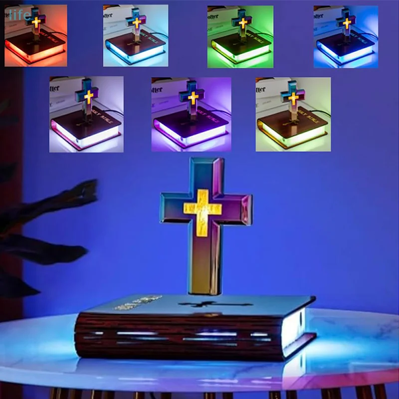 New Maglev Cross Table Lamp Levitating Cross Lamp Jesus Blessing Light Luxury Base Colorful Light Transformation Starry Sky