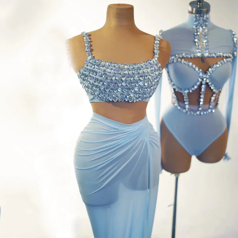 Nowy seksowny strój do tańca na rurze błyszczące Rninestones górna spódnica z rozcięciem damskie świętuj Gogo kostiumy tancerza sceniczny zestaw ubrań festiwalowych