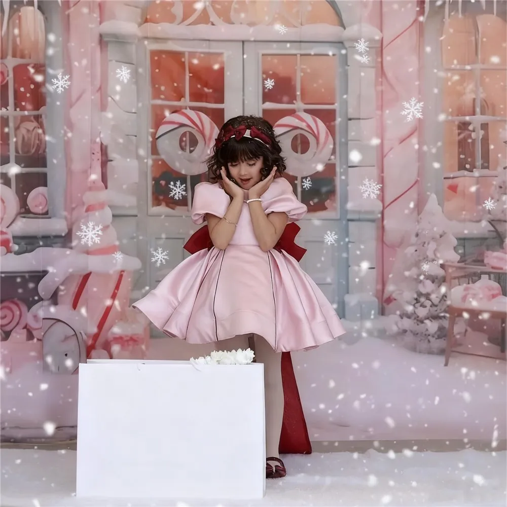 فستان زفاف فتاة الزهور من الساتان اللطيف مع فيونكة فستان حفلات أعياد الميلاد للفتيات الصغيرات فستان التواصل المقدس حسب الطلب #1