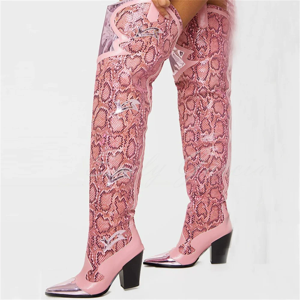 Snake Pattern Print Embroidery Over The Knee Boot Women Pointed Toe Chunky Heel Slip-On Elegant Trendy Novelty Tall Boot