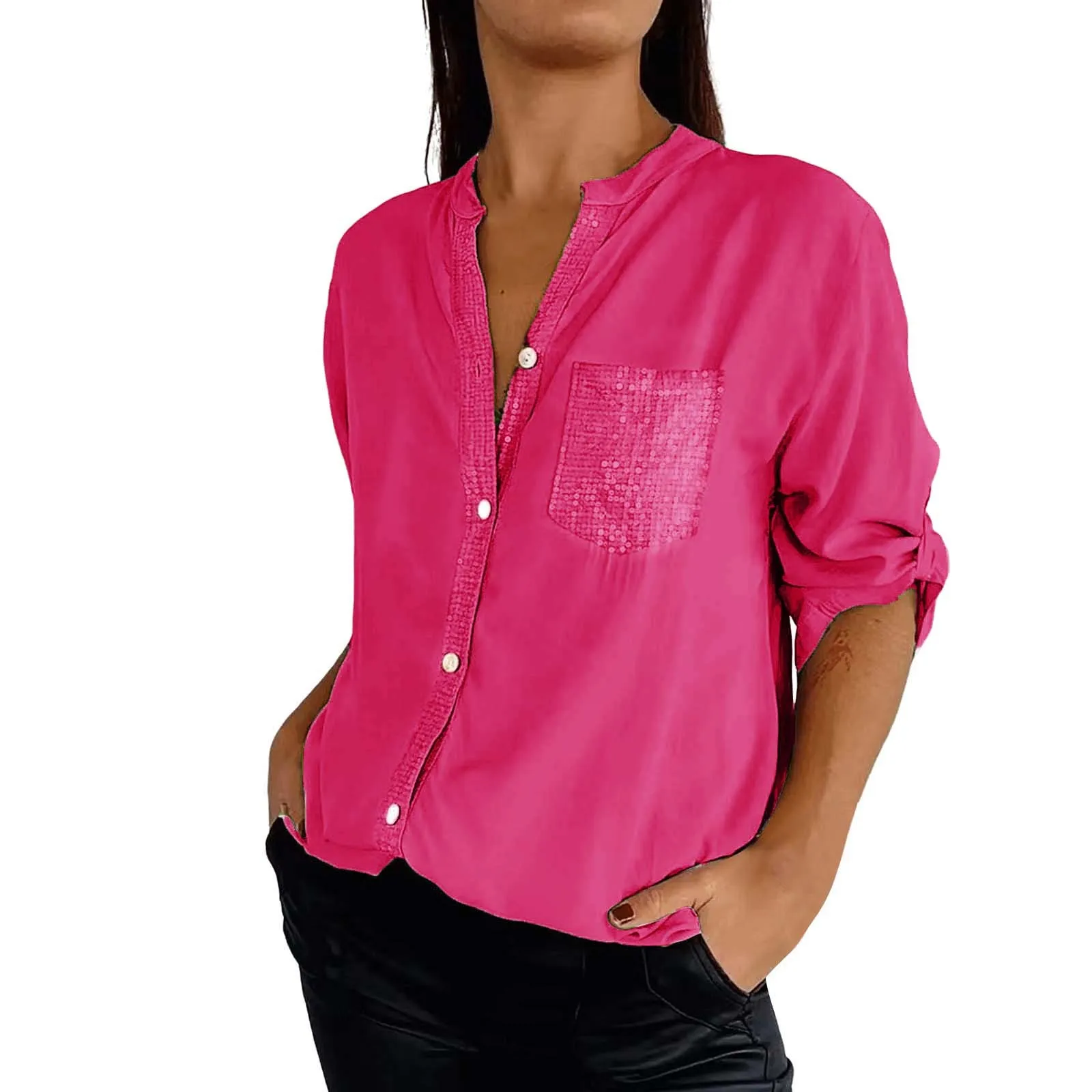 Women\'S Casual V Neck Collared Button Up Blouse Top Sequin Button-Front Pocket Solid Summer Shirt Large Size Comfy Cutton S-5xl