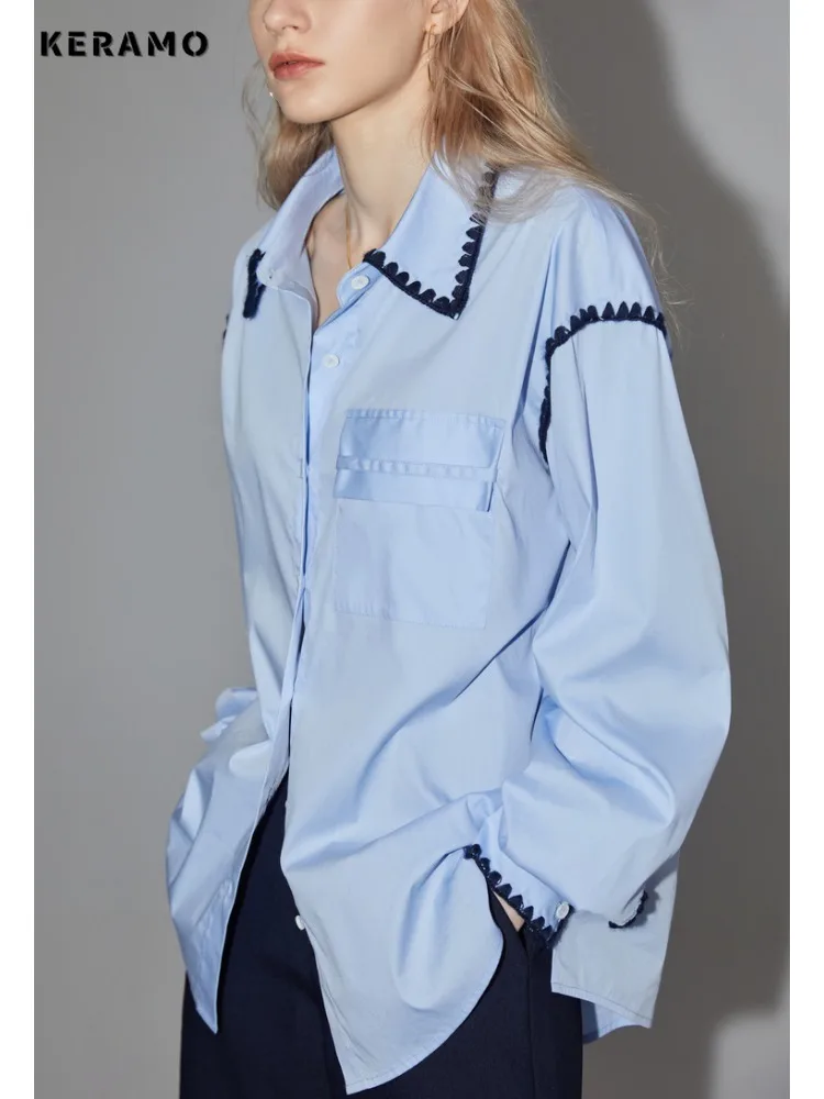 2024 Summer Lady Casual Style Turn-down Collar Blue Blouses Korean Women\'s Chic Single Breasted Loose Fit Long Sleeve Shirts