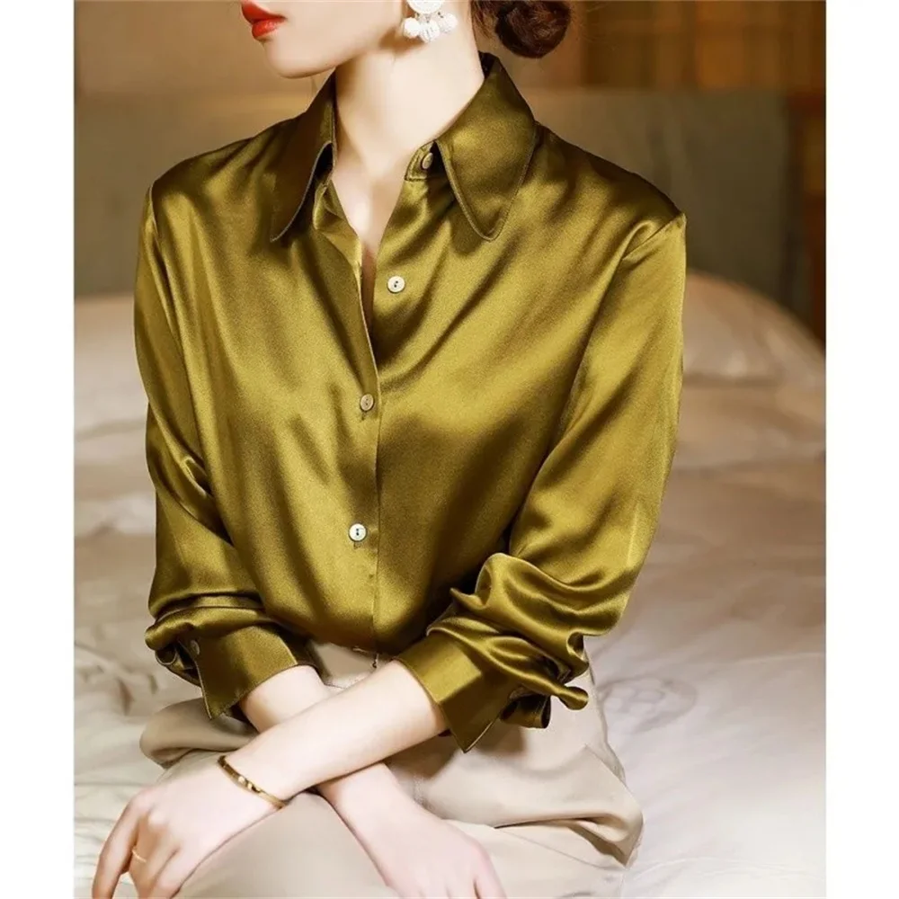 High Quality Shirt Women\'s Summer Drape Thin Style New Long Sleeved Loose Slim Office Luxury Top Silk Satin Blouse