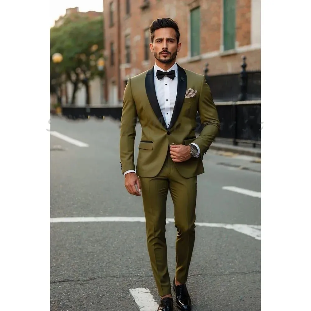 

Olive Green Men's Suits 2 Pieces Jacket Pant One Button Black Shawl Lapel Business Banquet Stylish Groom Custom Male Clothing