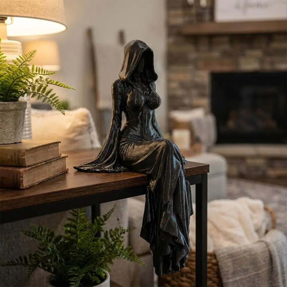 3D Printed Black Robe Figurine Gothic Style Handmade Hooded Woman Statue Mysterious Integrated Sitting Pose Lady Sculpture