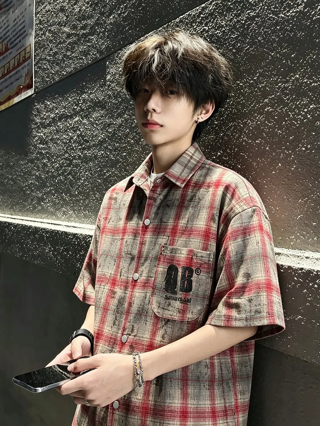 

Red Plaid Short Sleeve Men's Shirt Summer Casual Style Dyeing Design Cleanfit Youthful Breathable Lightweight Loose Fit Shirt