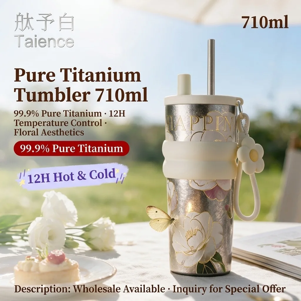 Taience Titanium Water Bottle 710ml Insulated Tumbler with Straw 2 in 1 Lid Lightweight Leak Proof Floral Design for Gift