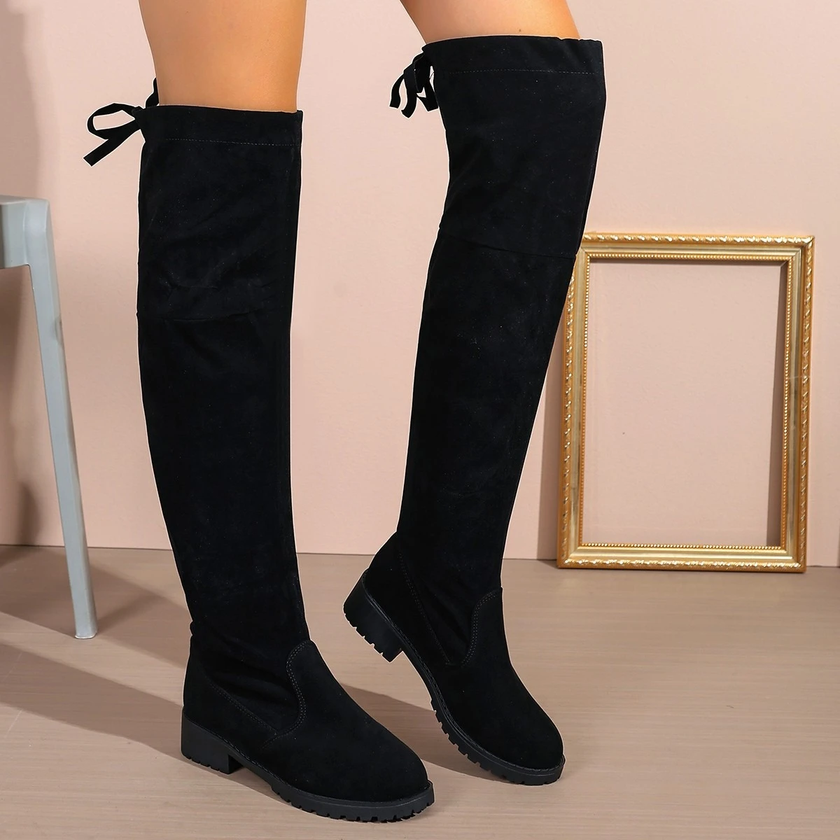 2026 Damen-Kniestiefel aus Kunstwildleder für Herbst und Winter, elastische Schnürstiefel, schwarze Botas – Detail 5