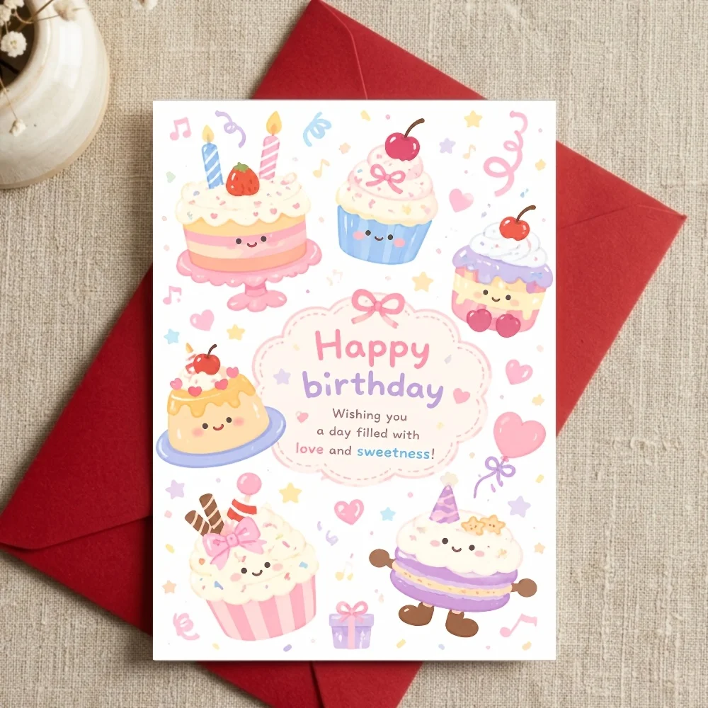 Birthday Card Cute Kawaii Dessert Pattern Whimsical Pastel Art Design Best Friend Partner Cousin Birthday Party Home