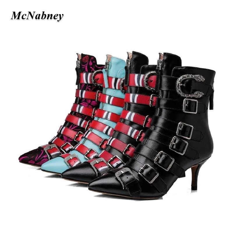 

Woman Retro Mixed Color Leather Ankle Boots Pointed Toe Pattern Belt Buckle Boot Zip Autumn Winter Stilettos Lady Mid Heel Shoes