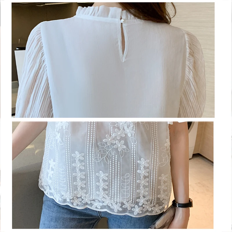 Summer Women Blouse Short Sleeve Embroidery Lace Chiffon Blouse Shirt Blouse Women Blusas Mujer De Moda 2024 Blouses Femme 18927