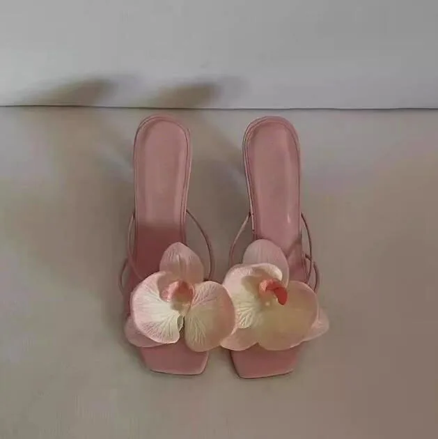 Fresh Orchids Flower Embellished Sandals Sexy Kitten Heels Clip Toe Slipper Women Light Green Pink Red Flower Slingbacks Shoes