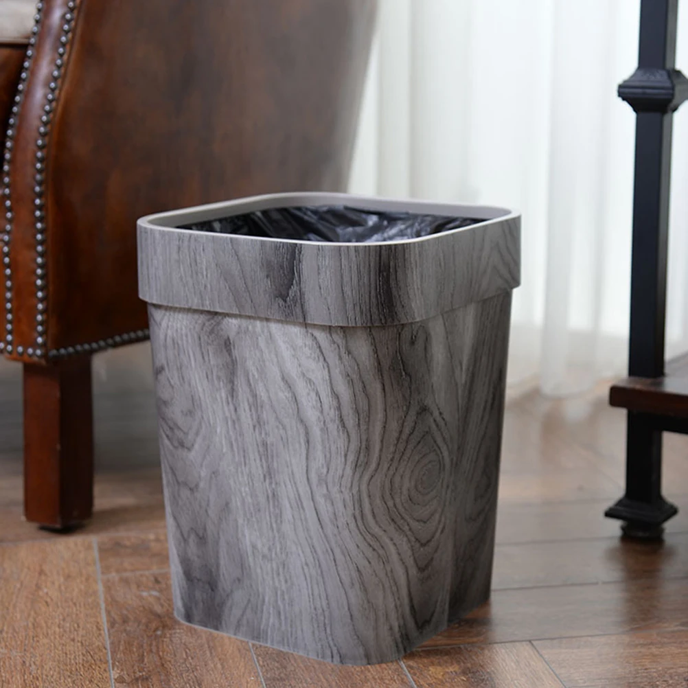 

Wood Grain Trash Can 12L Grey 21.6x21.6x29.5cm Kitchen Bathroom Office Living Room Toilet Garbage Container Waste Paper Bin