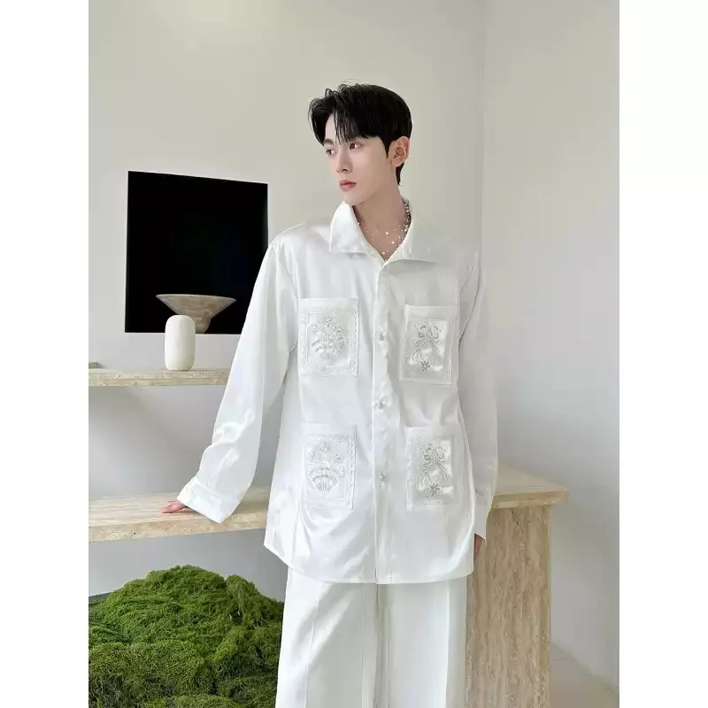 

Niche Original Design Spring Loose Long Sleeve Shirt For Man High Quality Pocket Embroidery Retro Stand Collar Tops