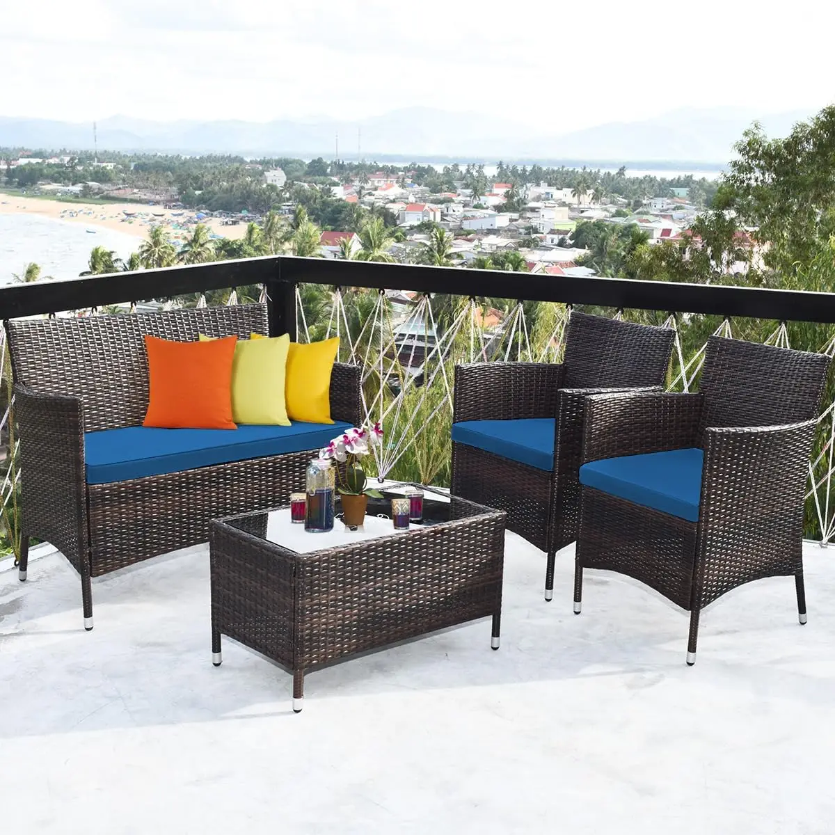 8 Pieces Patio Rattan Conversation Set with Tempered Glass Coffee Table & Thick Cushion, Wicker Set for Garden, Lawn, Poolside a