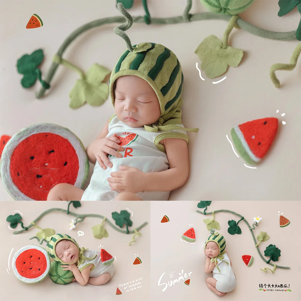 newborn-watermelon-themed-photography-props-baby-romper-hat-set-wool-felt-watermelon-decor-props-for-studio-shooting-accessories