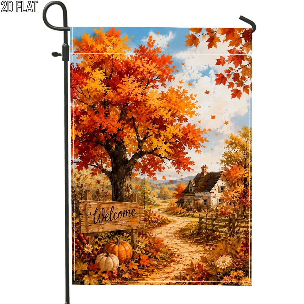 2D Plane, 2D Plane 1 Piece, Autumn Orange Tree Welcome Garden Flag, Orange Outdoor Garden Flag, Double-Sided Porch Decoration, Suitable for Garden and Courtyard Decoration, Excluding Flagpole, 2D Plane