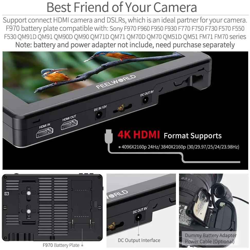 FEELWORLD LUT7 PRO DSLR Monitor de campo de câmera 7 polegadas 2200nits 3D LUT Touch Screen 4K HDMI 1920X1200 com kit de alimentação externa F970