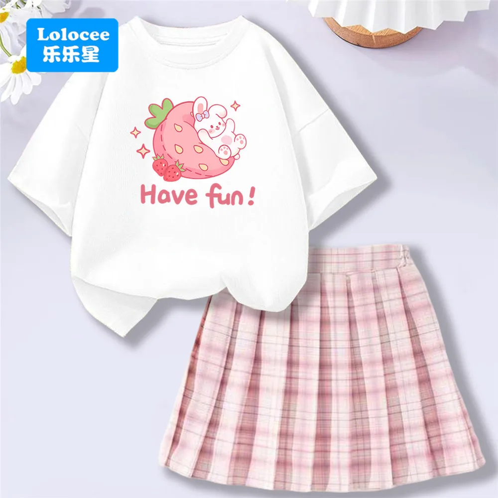 Kids' Summer School Outfit - Kawii Bunny & Strawberry T-Shirt top + Plaid Skirt 2 piece Set Fashion Girls Clothes