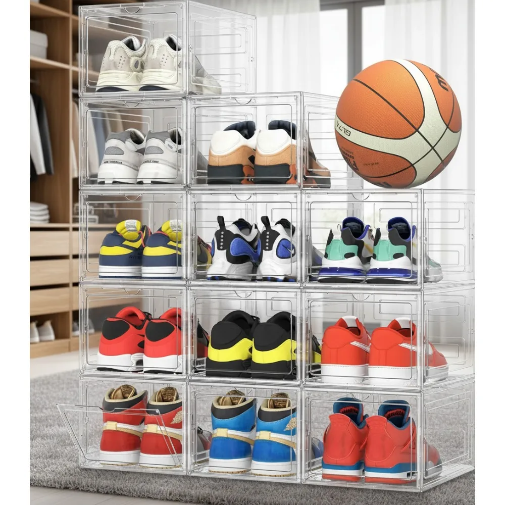 

Upgraded Hard Plastic Shoe Storage Box 12 Pack, X-Large Fits Size 12 Sneakers, Clear Stackable Organizer with Magnetic Door