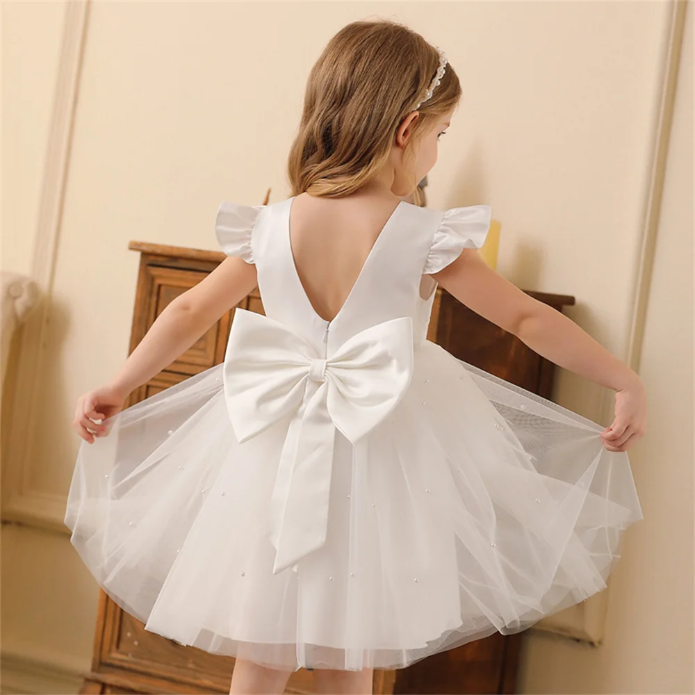 Toddler Girl Flower Birthday Tulle Dress Backless Bow Wedding Gown Kids Party Wear Princess Blue Dress Baby Girl Bowknot Dresses