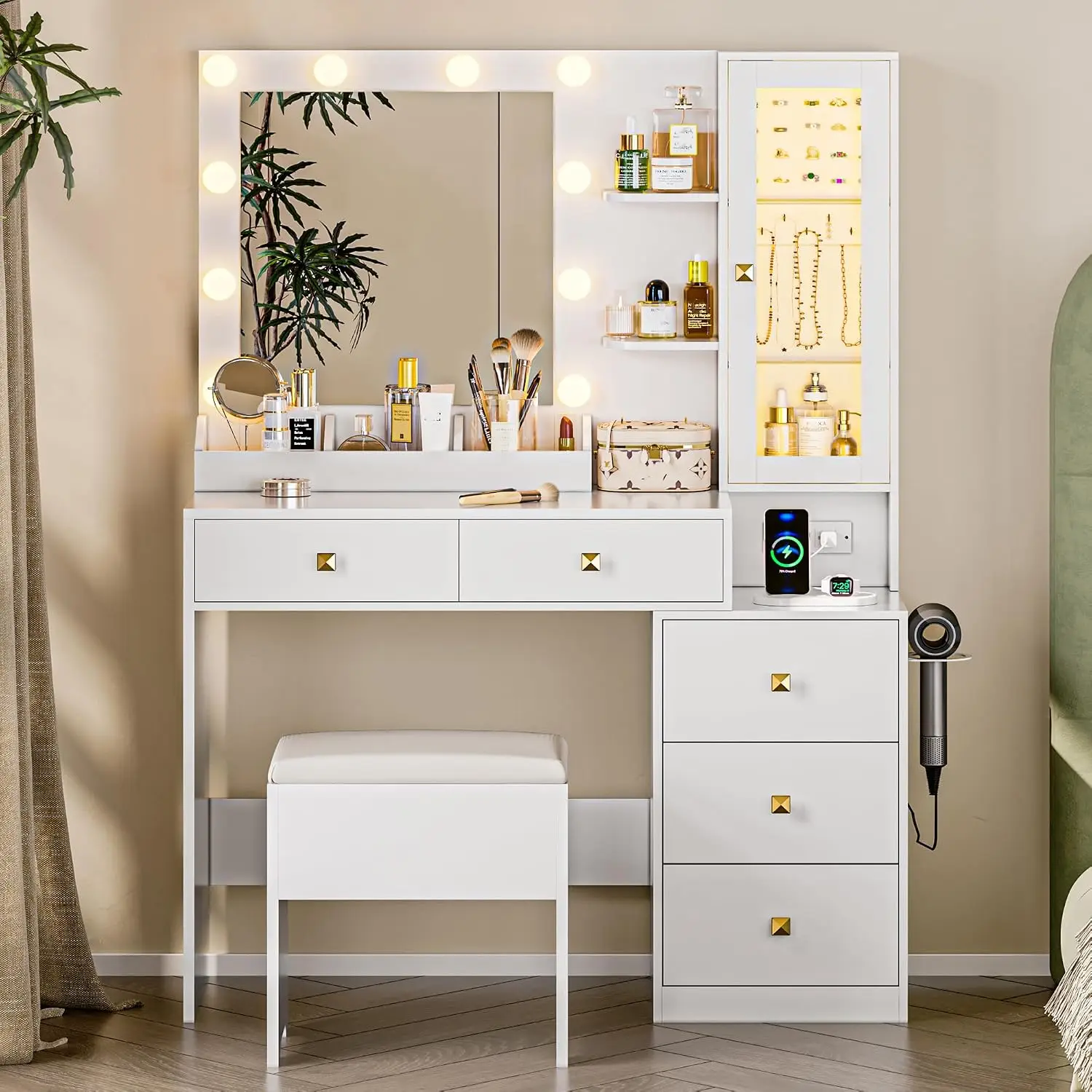 Vanity Desk with Mirror and Lights, White Makeup Vanity with 5 Drawers Hidden Jewelry Organizer& LED Glass Cabinet, Customized