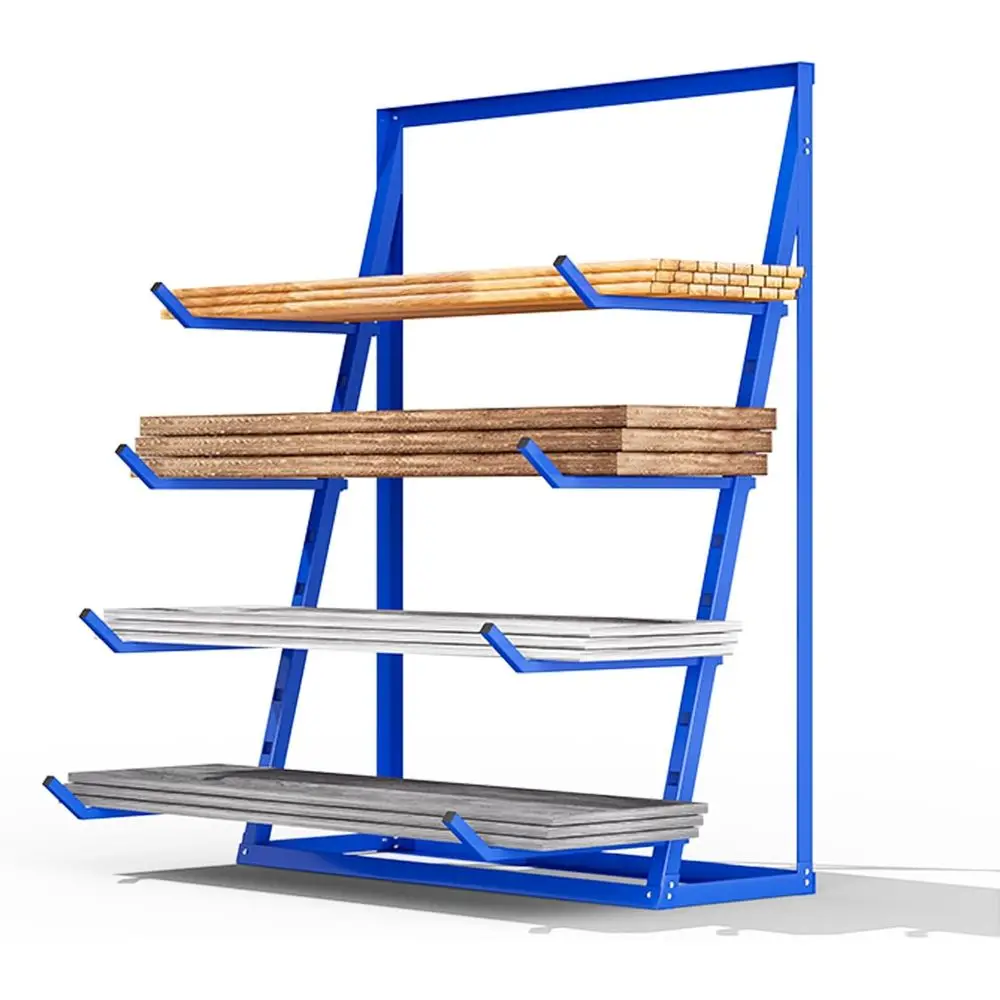 

4-Shelf Steel Lumber Rack - Heavy Duty Horizontal Storage for Wood, Adjustable Cantilever Shelving for Garage or Workshop