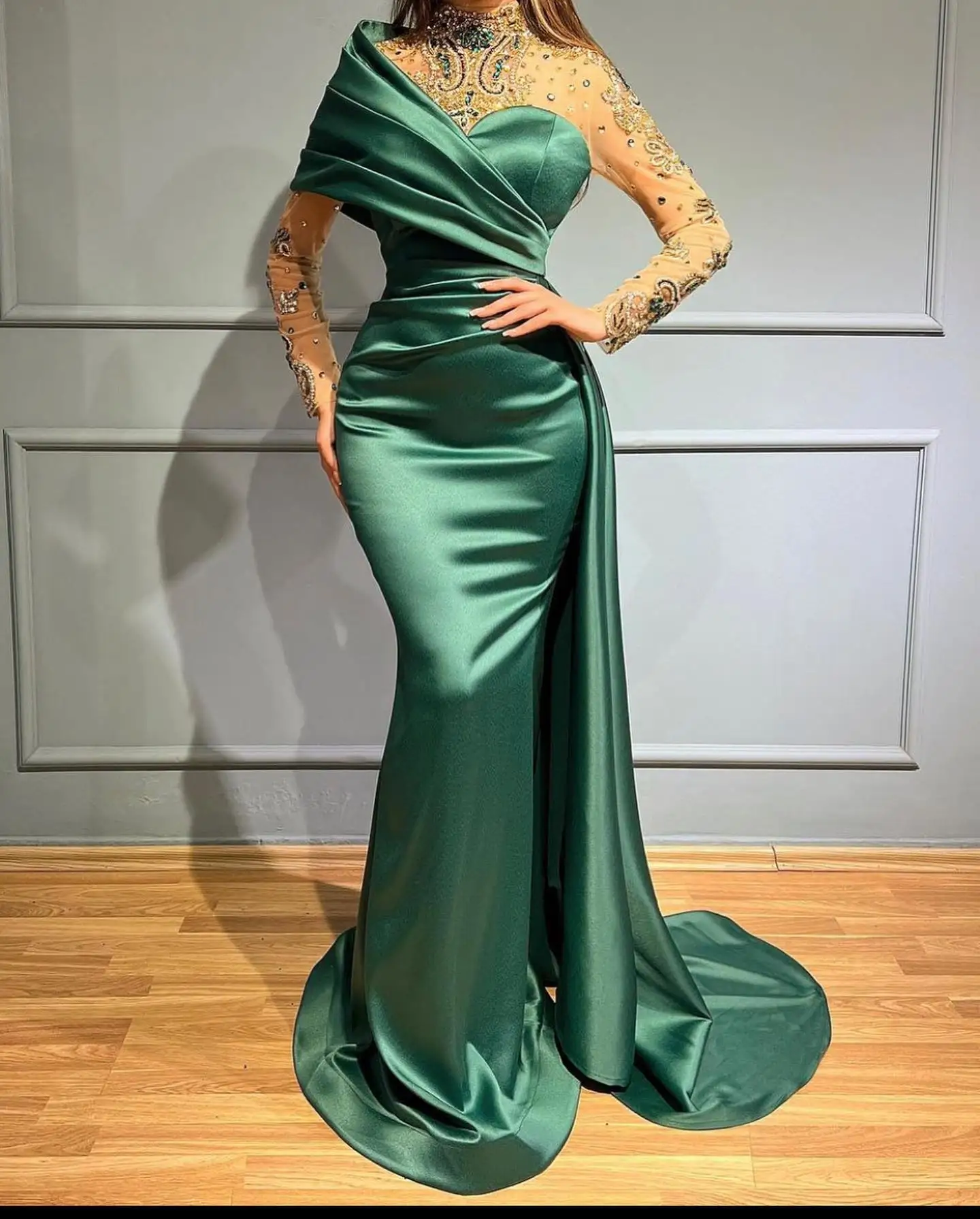 FATAPAESE Customized Beaded Illusion High-neck Prom Dress Full Sleeve Satin Skirt Tail Special Occasion Gown Formal Ball Gowns