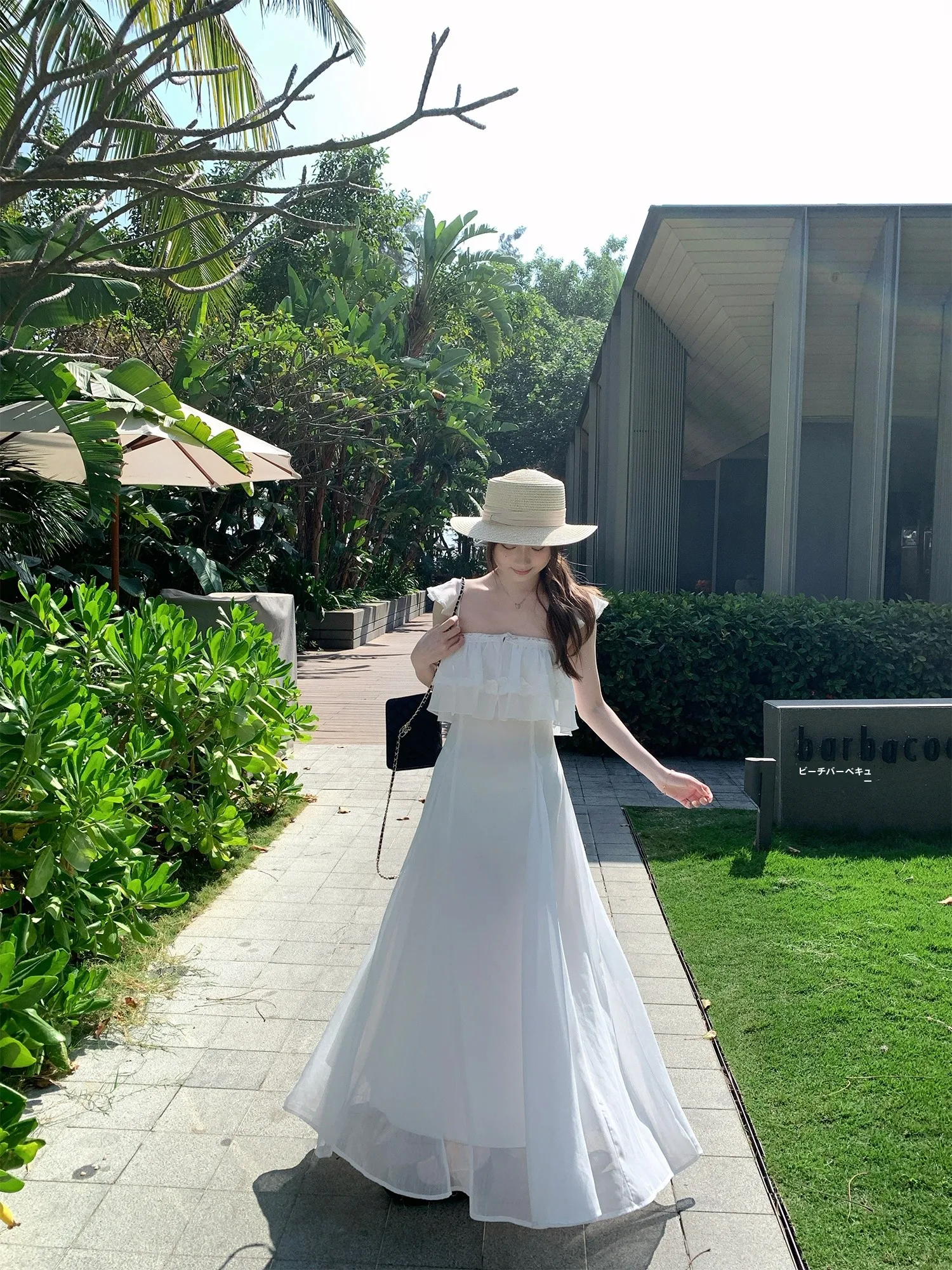 

Ele French Sle Vaion Dr Women's Gentle Tulle Splicing Strapl Gown Hollow out Hem A-Line Skirt Summer Dr