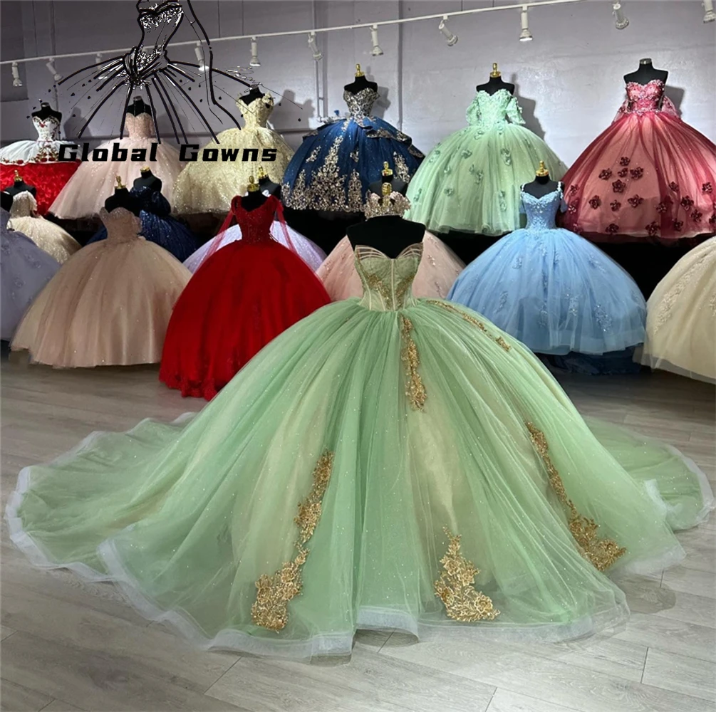 Vestido De baile De quinceañera, traje largo con apliques De cuentas, color verde hierba, con cordones, para fiesta De cumpleaños, 15 Años