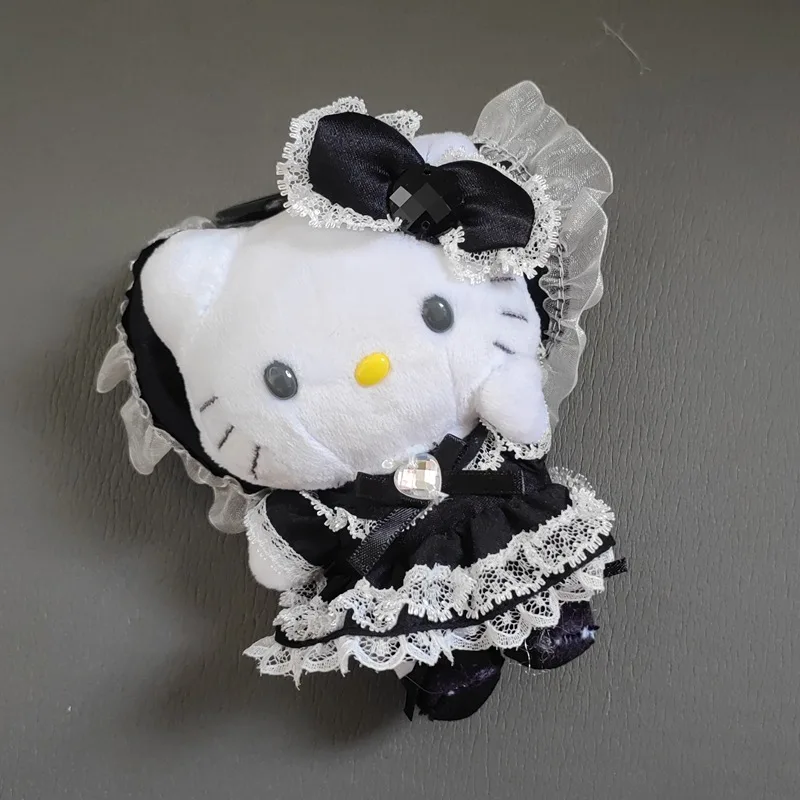 Sanrio hello kitty morango rosa preto renda lolita empregada roupa arco coração forma fivela chaveiro mochila zíper acessório presente