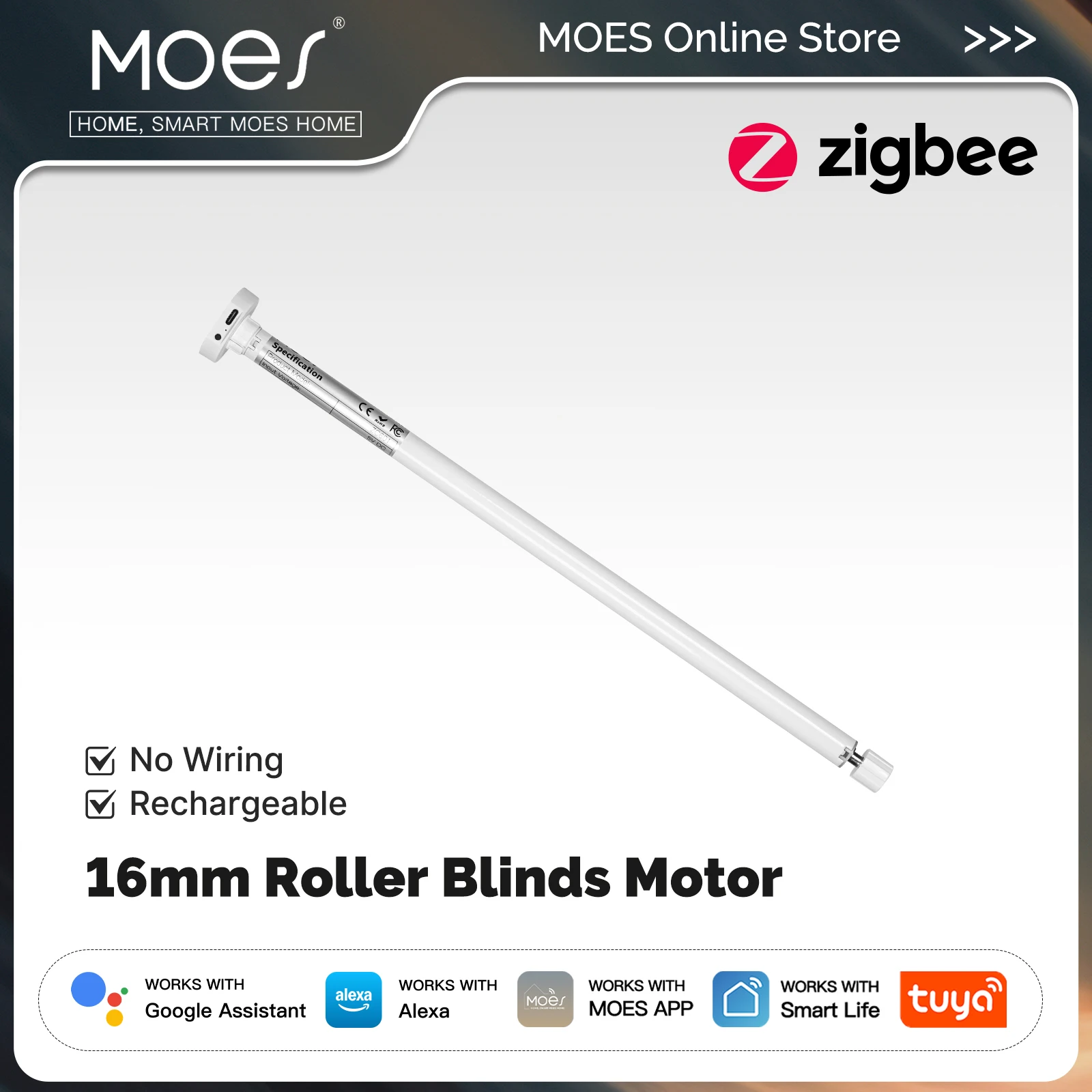 

MOES Tuya Zigbee Smart Roller Blinds Motor 16mm Chargeable Window Shades Curtain For 17/25/28mm Tube Work with Alexa Google Home