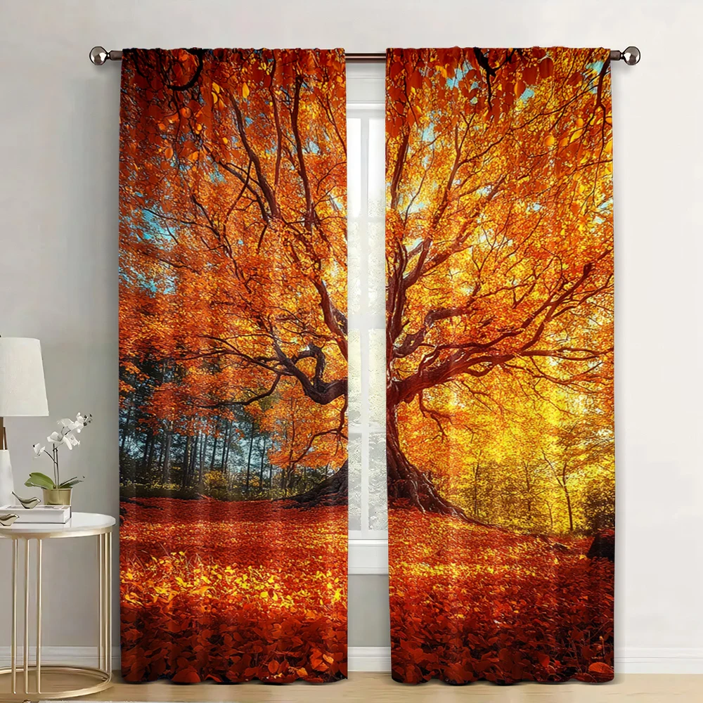 2pc,  Window Treatment Curtains Yellow trees landscape Versatile Polyester Fabric,Without Electricity Birthday Party Suitable