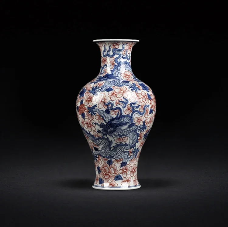 Hand Painted Blue and White Underglaze Red Dragon Pattern Ceramic Flower Vases