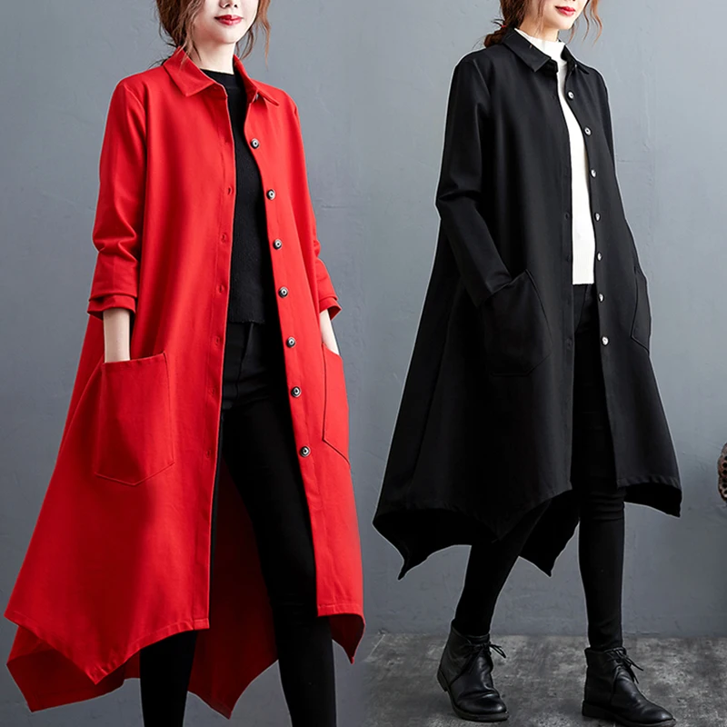 ピュアカラーAラインコットンポリエステルウィンドブレーカージャケットプラスサイズレディースロングスリーブターンダウンカラーボタン付きミッドレングスダブル...