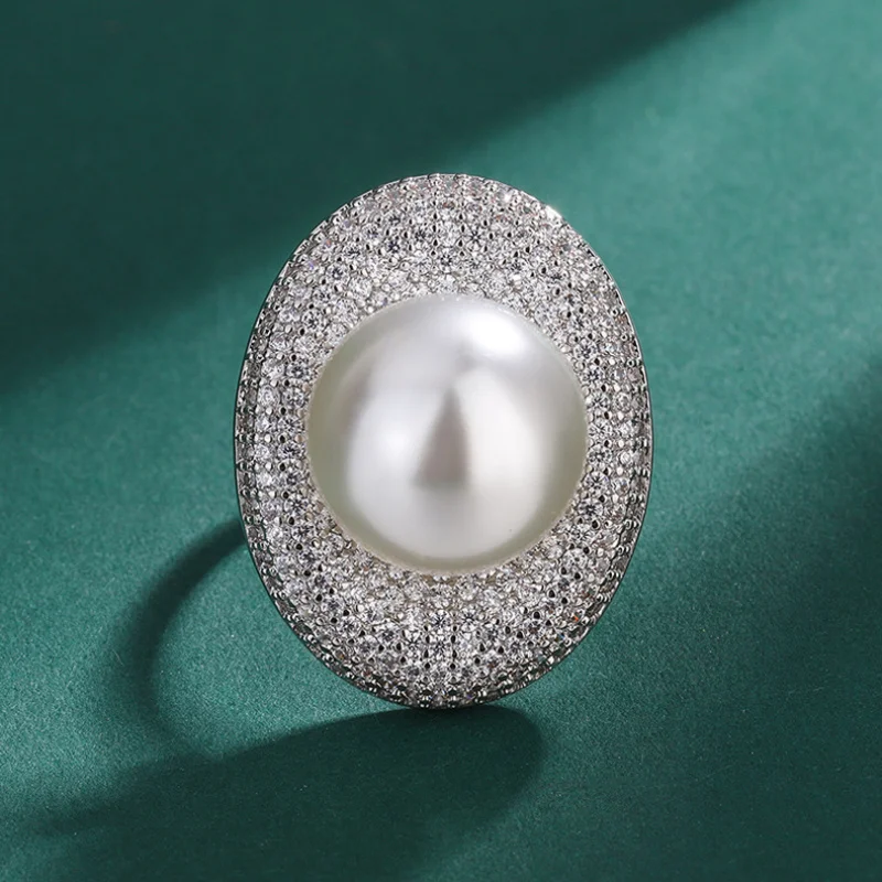 Women's South Sea Philippine Saltwater Golden Pearl Ring Inlaid with Pigeon Egg Full Diamond Adjustable Vintage Ring