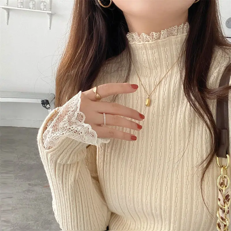 Women\'s Autumn Winter Half High Neck Lace Sexy Pullover Long Sleeve Knitwear Sweater Fashion Casual Elegant Knitting Lady Tops