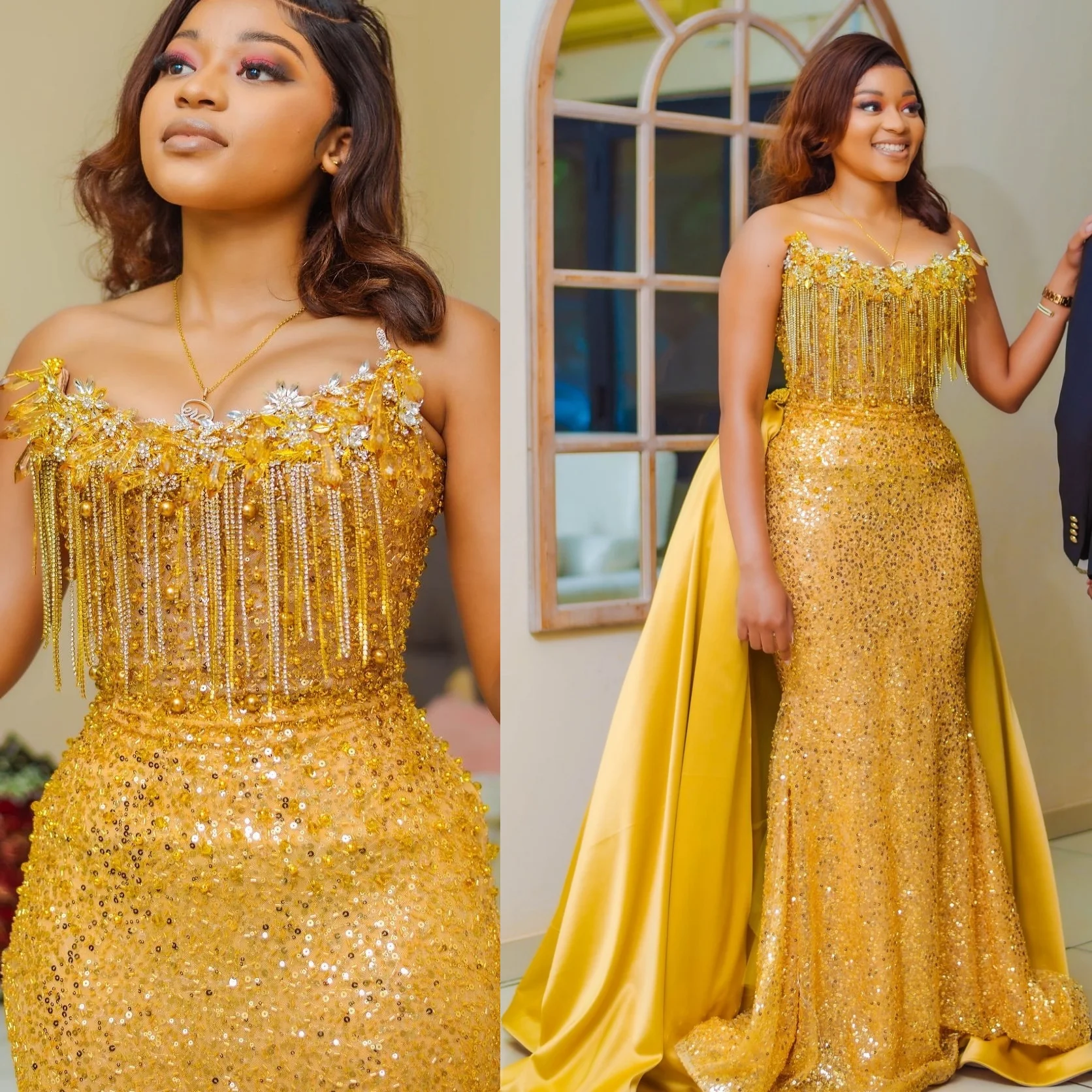 ゴールドマーメイド 2025 プロムドレス ストラップレス クリスタル タッセル 取り外し可能なトレーン イブニング フォーマル パーティー 誕生日ドレス ZJ2634