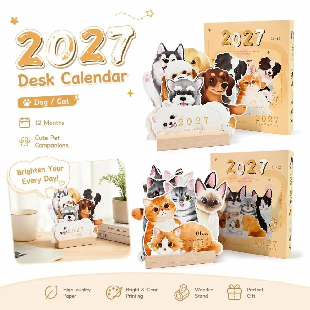 Gifts Dog/Cat 2027 Desk Calendar with Wooden Base Pop-Up 3D Pop-Up Calendar Monthly Planning Cat Calendar Desktop Display