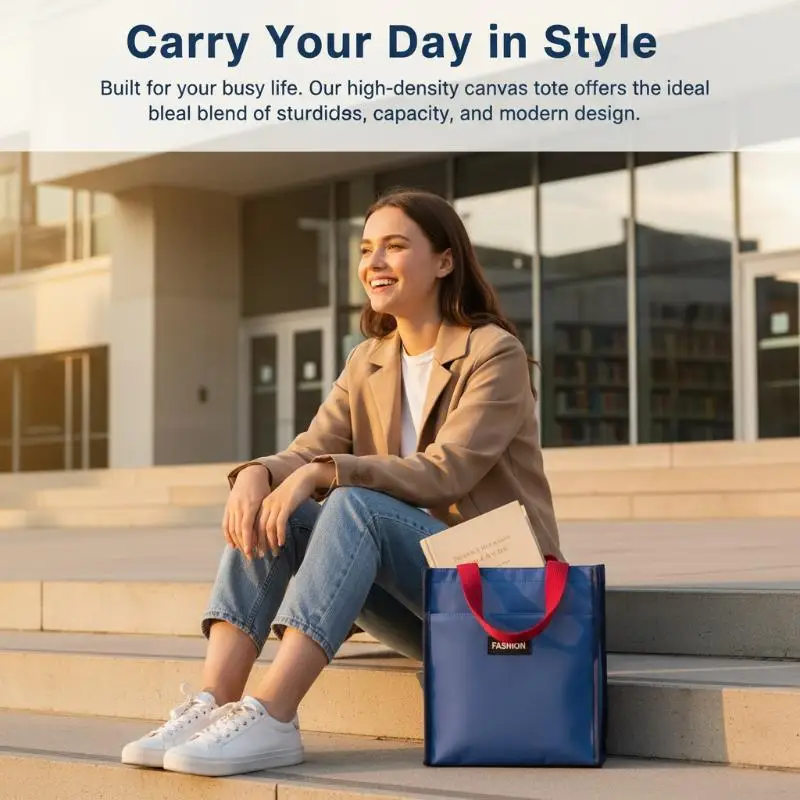 Classic Canvas Tote Bag Large Capacity Zipper Portable Shoulder Bag for Library Book Carry Work School Shopping